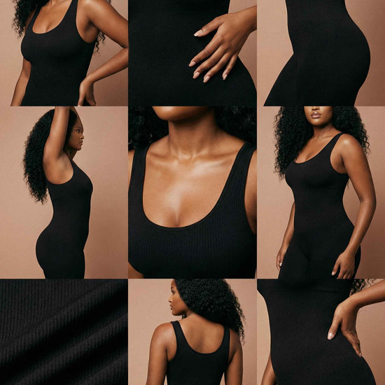 Shapies Full Length Bodysuit in black, multi-angle collage