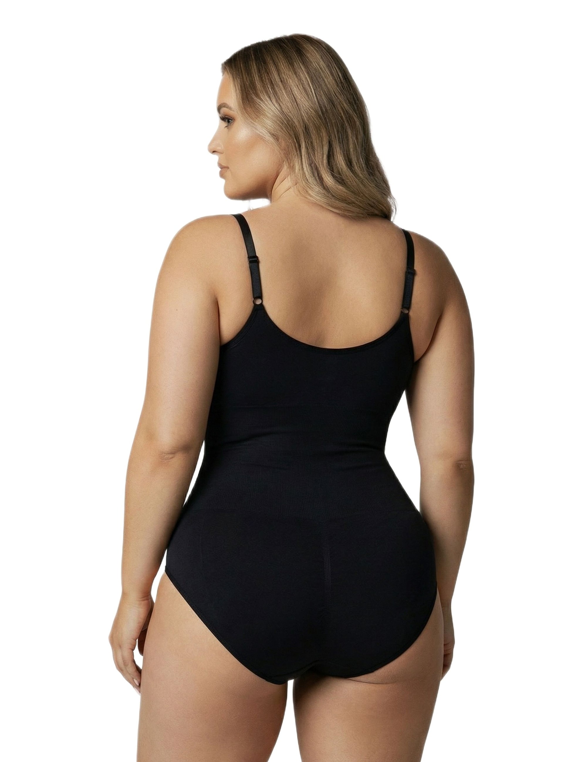 Shapies Brief Bodysuit in black, three-quarter angle view