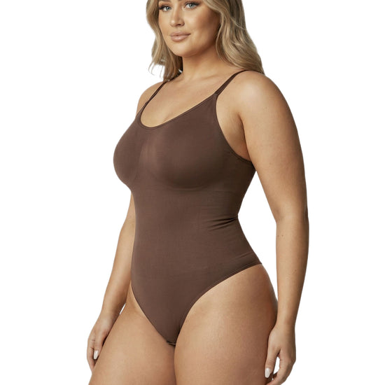 Shapies Brief Bodysuit in brown, three-quarter angle view