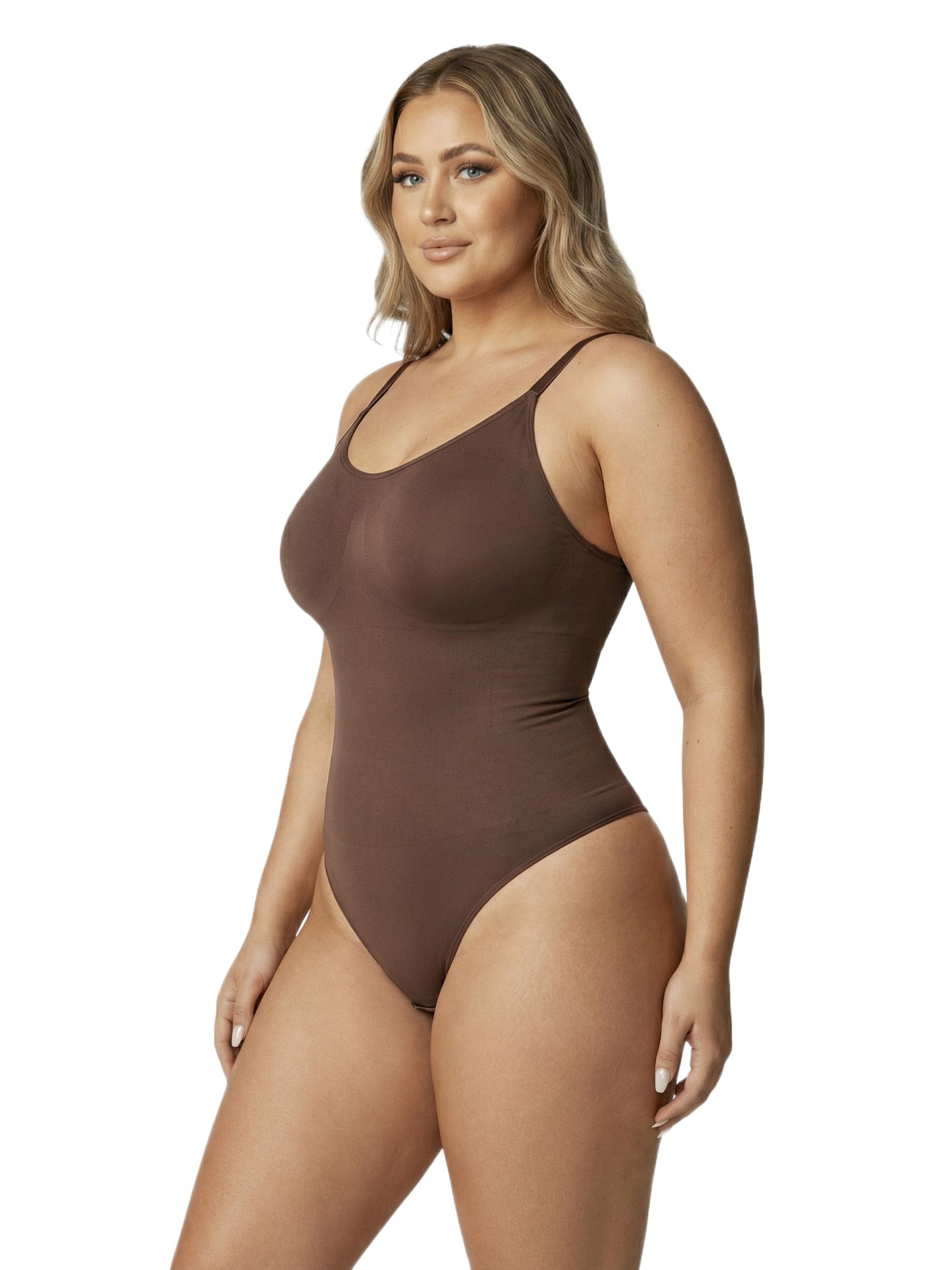 Shapies Brief Bodysuit in brown, three-quarter angle view
