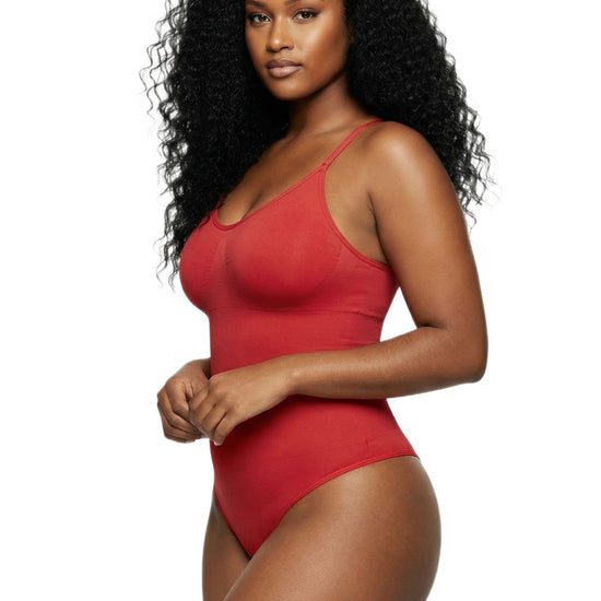 Shapies Brief Bodysuit in red, three-quarter angle view