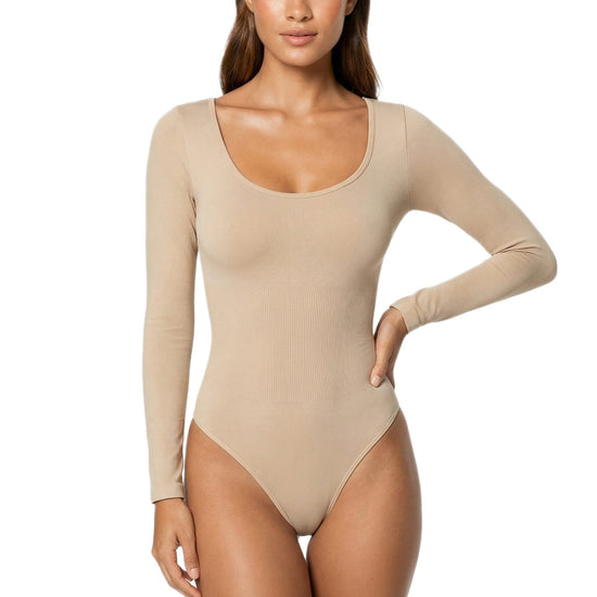 Shapies Long Sleeve Bodysuit in beige, front view