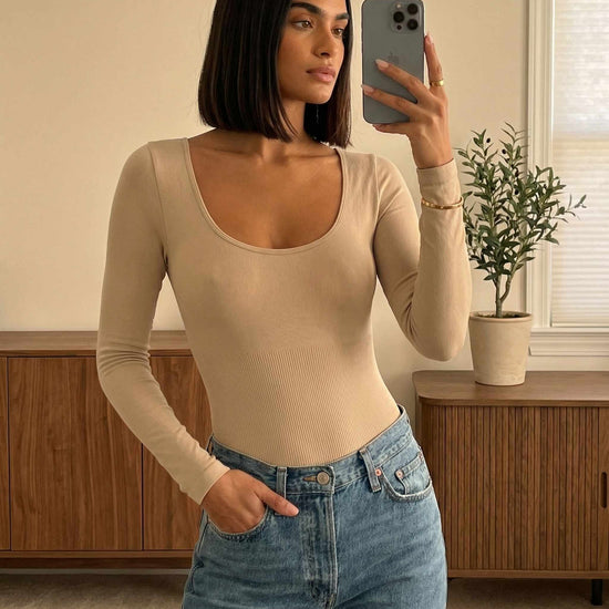 Shapies Long Sleeve Bodysuit in beige, front view