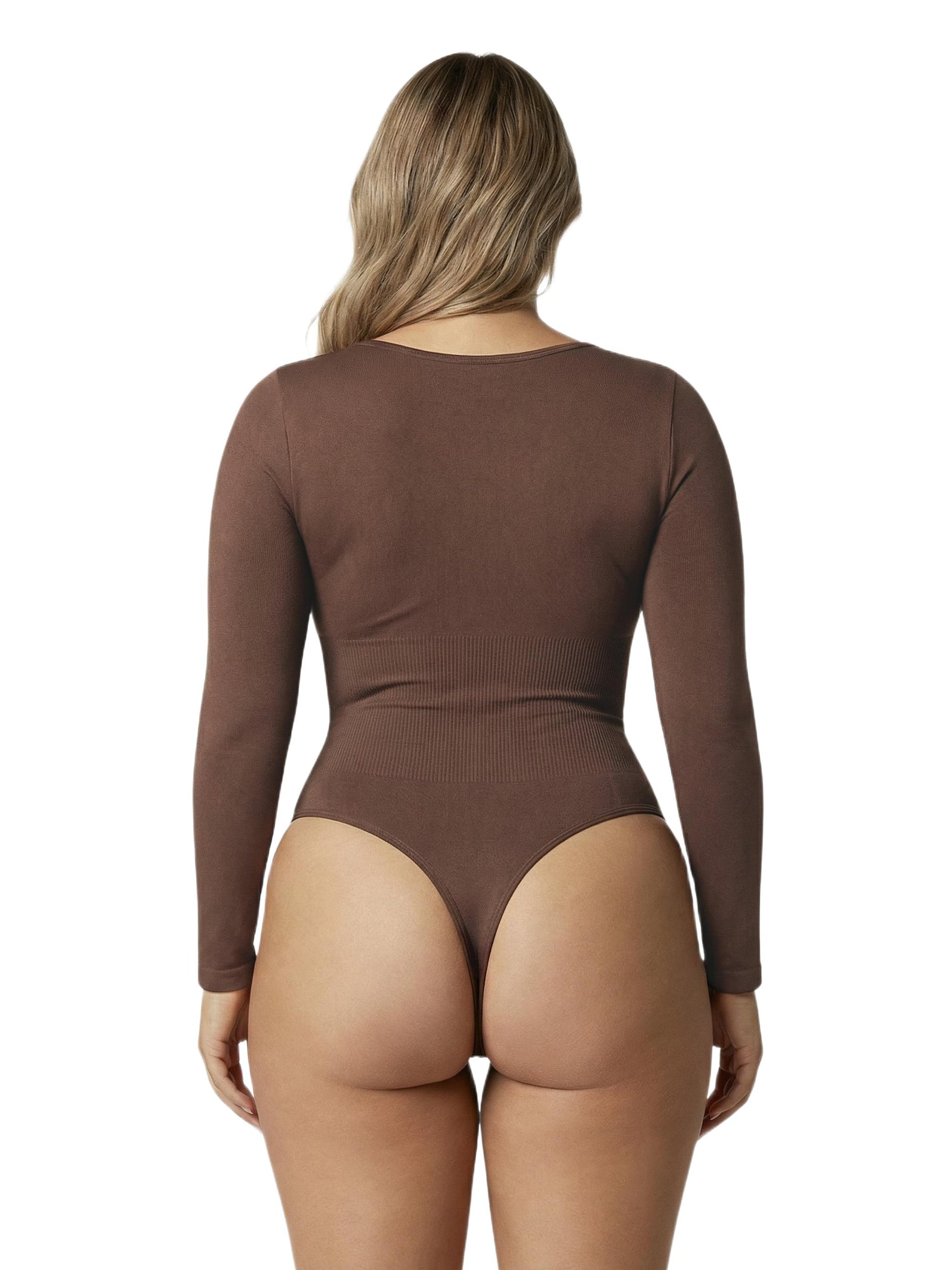 Shapies Long Sleeve Bodysuit in brown, back view