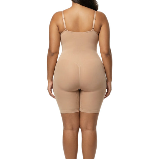 Shapies Mid-Thigh Bodysuit in beige, back view