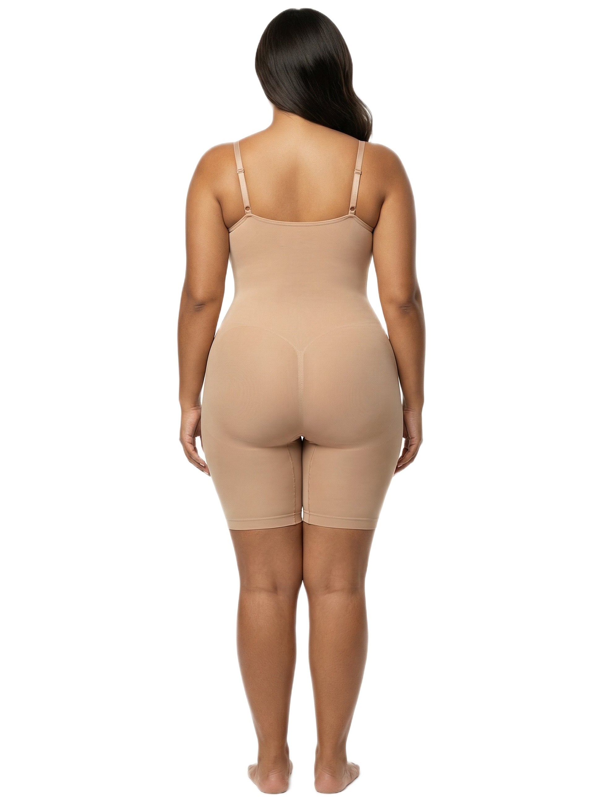 Shapies Mid-Thigh Bodysuit in beige, back view