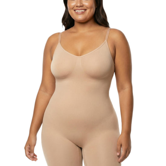 Shapies Mid-Thigh Bodysuit in beige, front view