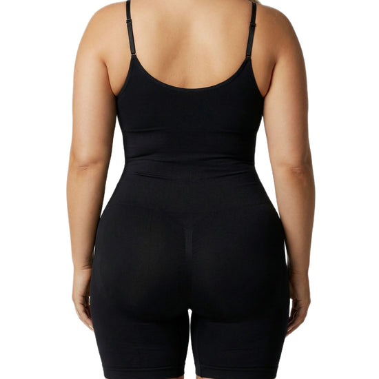 Shapies Mid-Thigh Bodysuit in black, back view