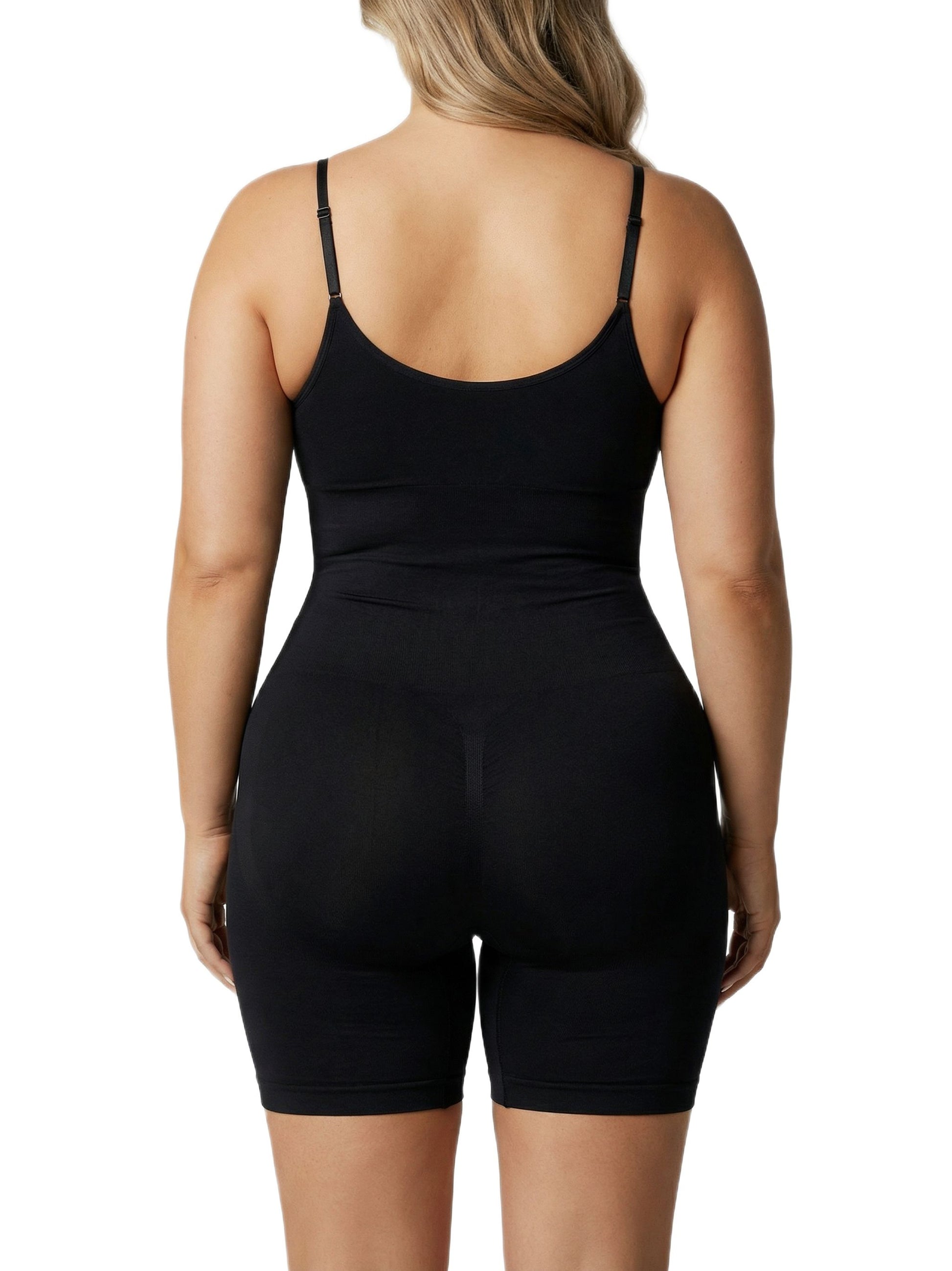Shapies Mid-Thigh Bodysuit in black, back view