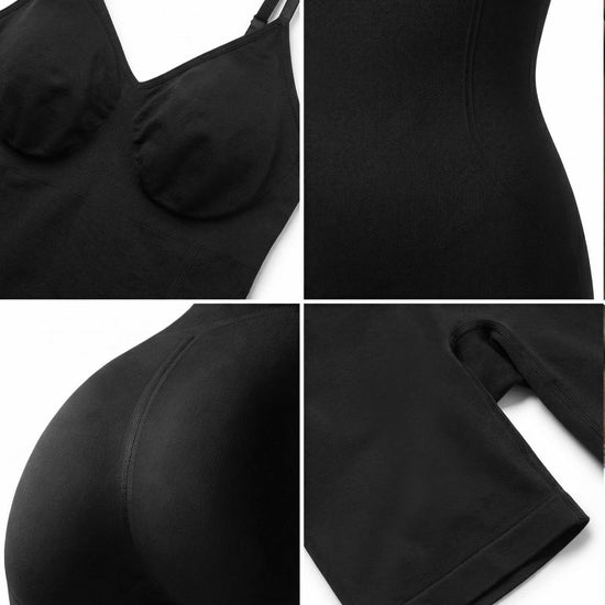 Shapies Mid-Thigh Bodysuit in black, multi-angle collage