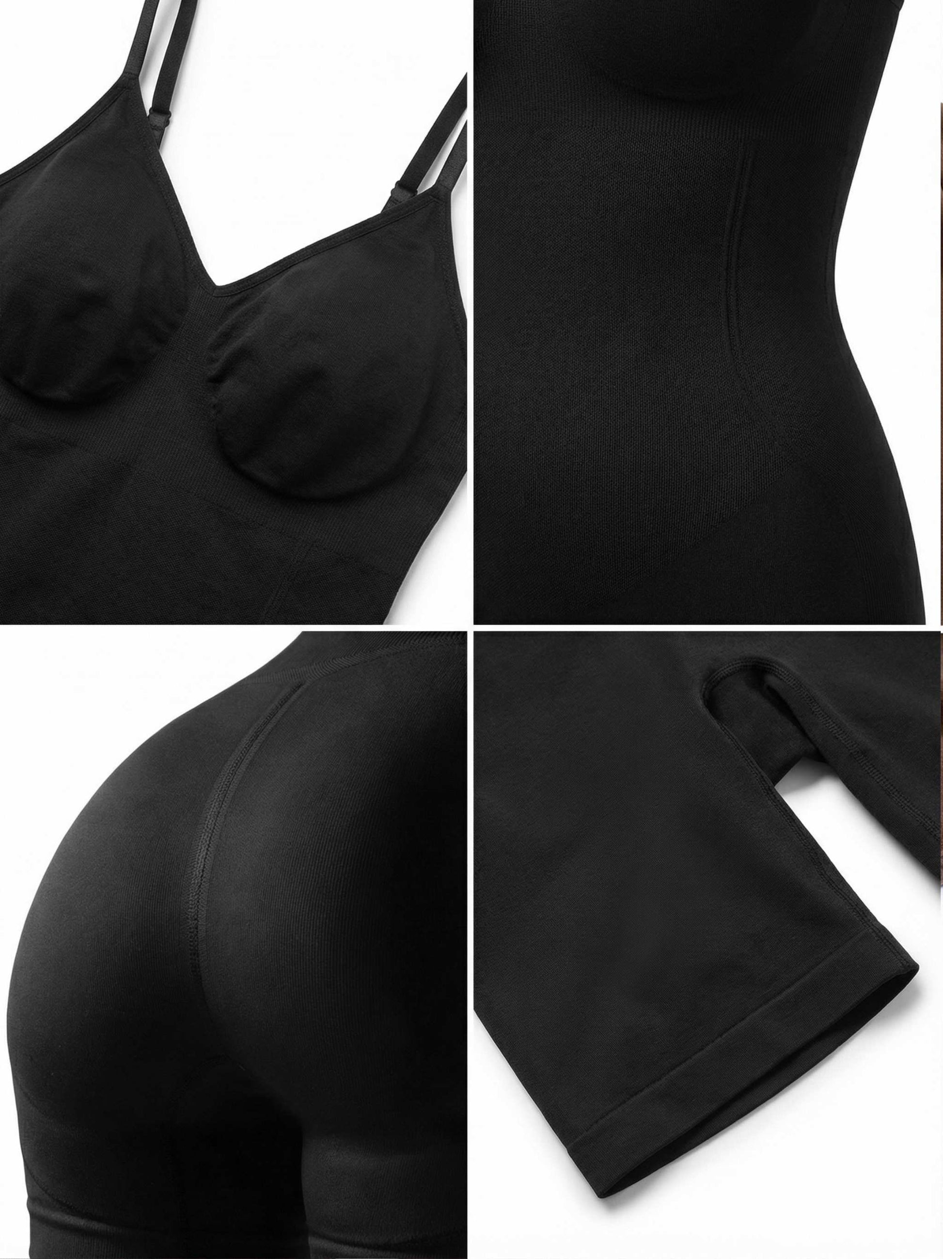 Shapies Mid-Thigh Bodysuit in black, multi-angle collage