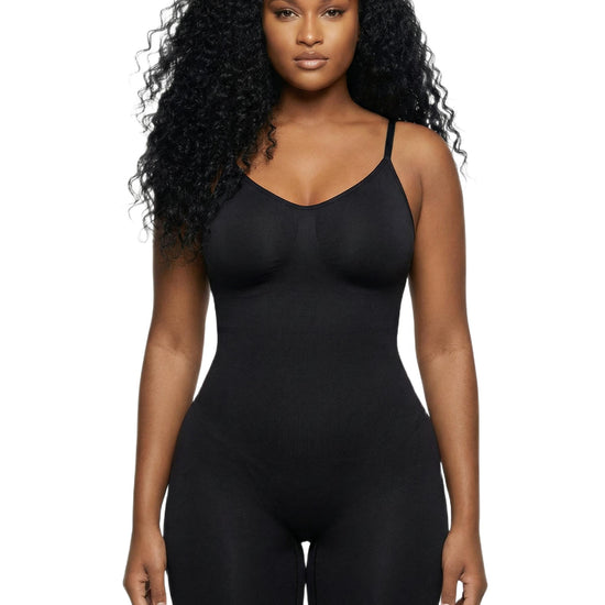 Shapies Mid-Thigh Bodysuit in black, front view