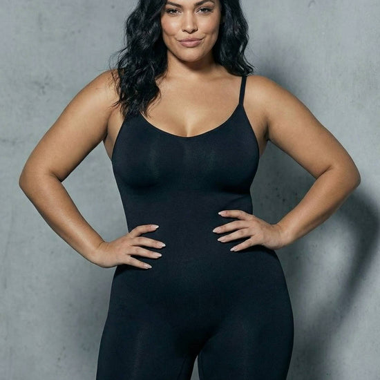 Shapies Mid-Thigh Bodysuit in black, front view