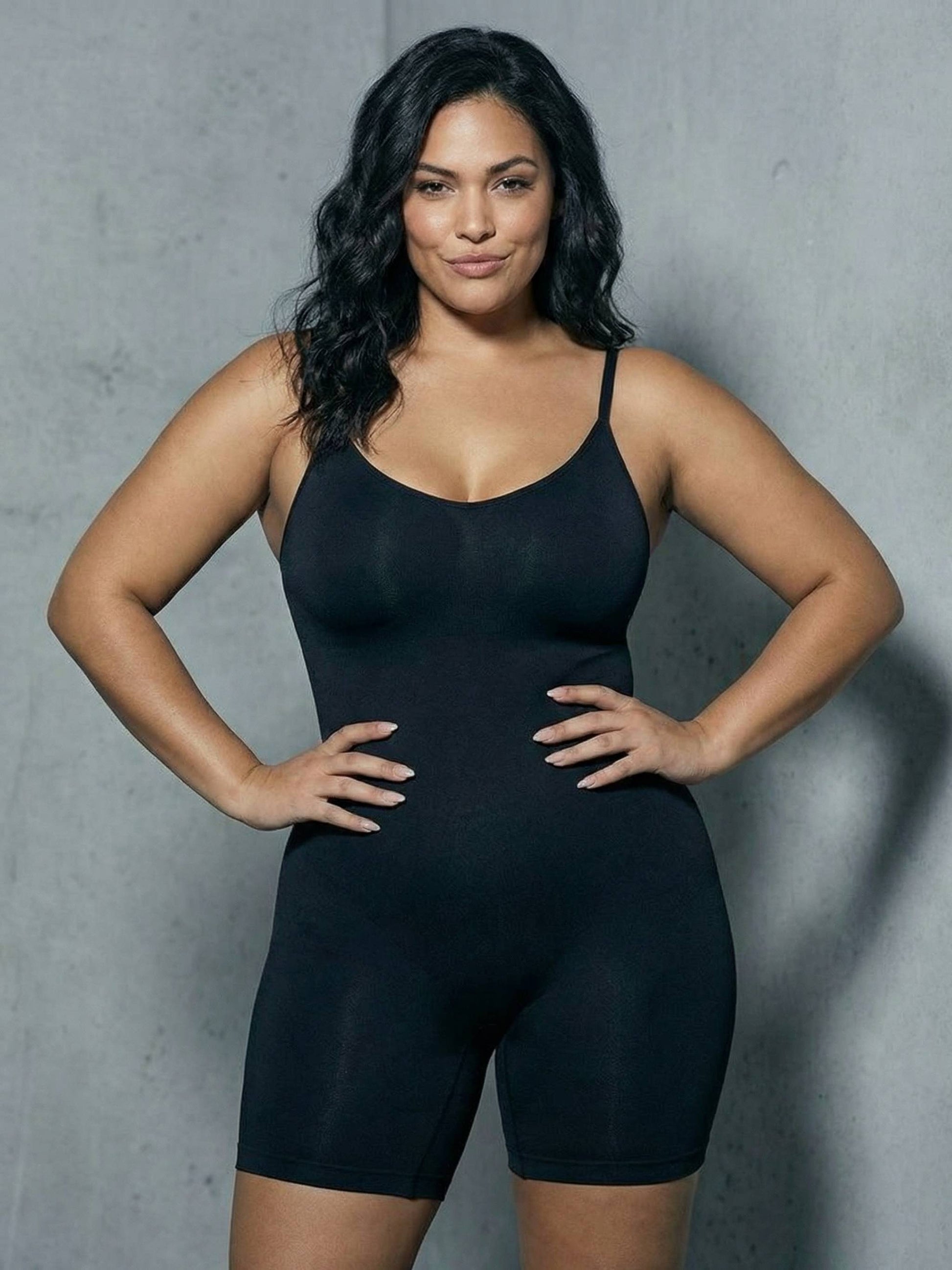 Shapies Mid-Thigh Bodysuit in black, front view