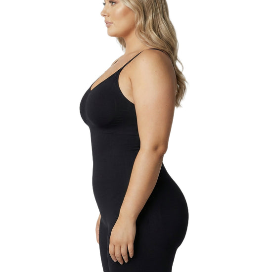 Shapies Mid-Thigh Bodysuit in black, side view