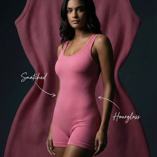 Shapies Ribbed Mid-Thigh Bodysuit in pink, front view