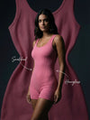 Shapies Ribbed Mid-Thigh Bodysuit in pink, front view