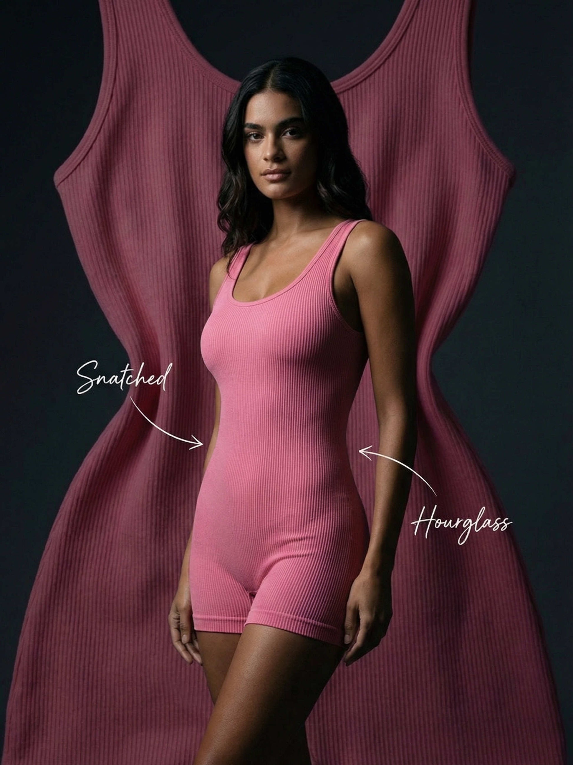 Shapies Ribbed Mid-Thigh Bodysuit in pink, front view