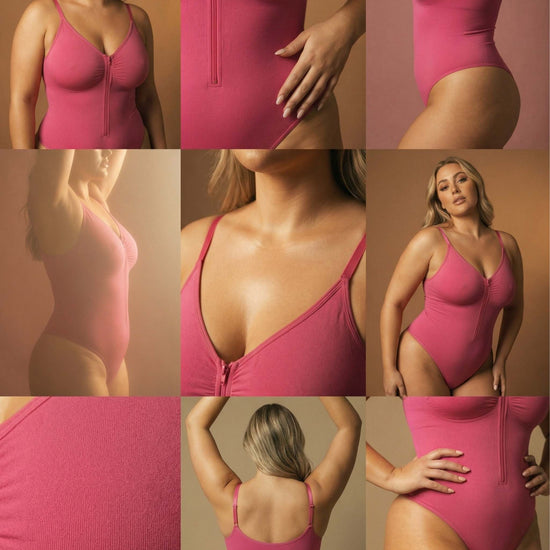 Shapies Zip-Front Bodysuit in pink, multi-angle collage