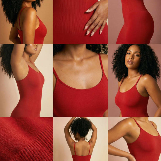 Shapies Shaping Dress in red, multi-angle collage