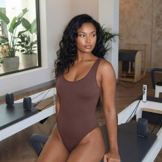 Shapies Ribbed Daily Bodysuit in chocolate, lifestyle photo