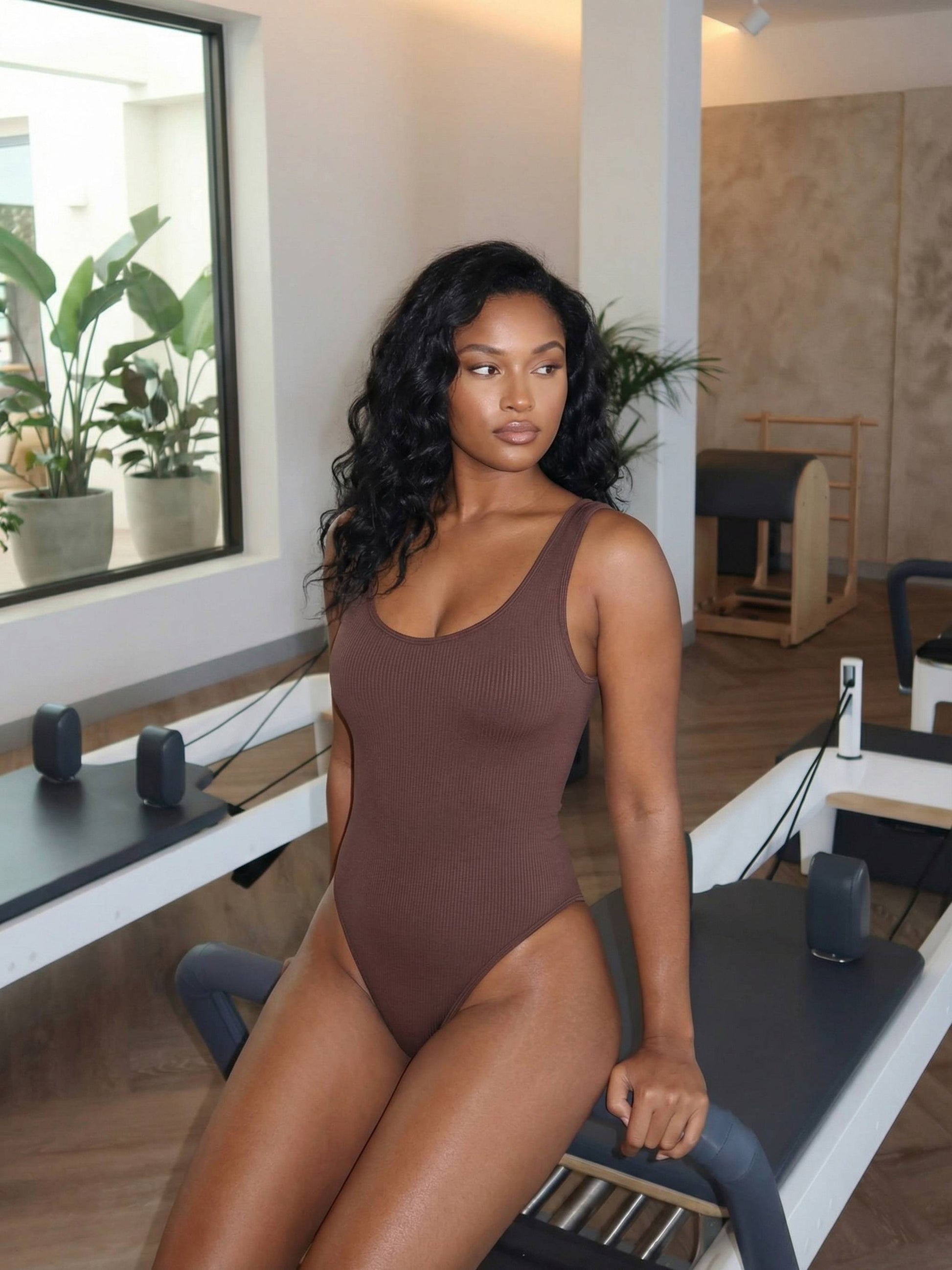 Shapies Ribbed Daily Bodysuit in chocolate, lifestyle photo