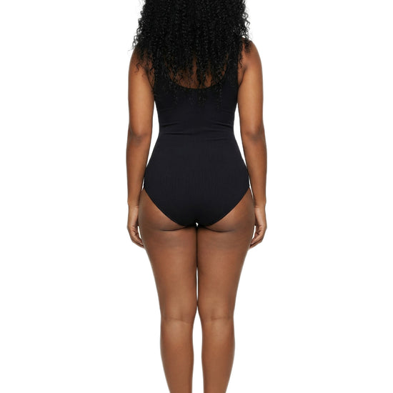 Shapies Ribbed Daily Bodysuit in black, back view