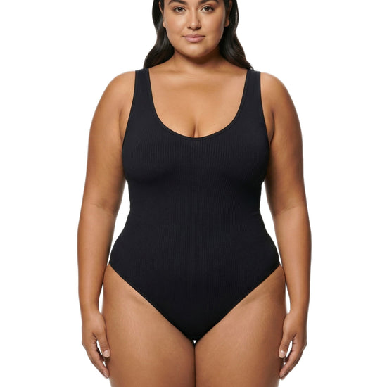 Shapies Ribbed Daily Bodysuit in black, front view