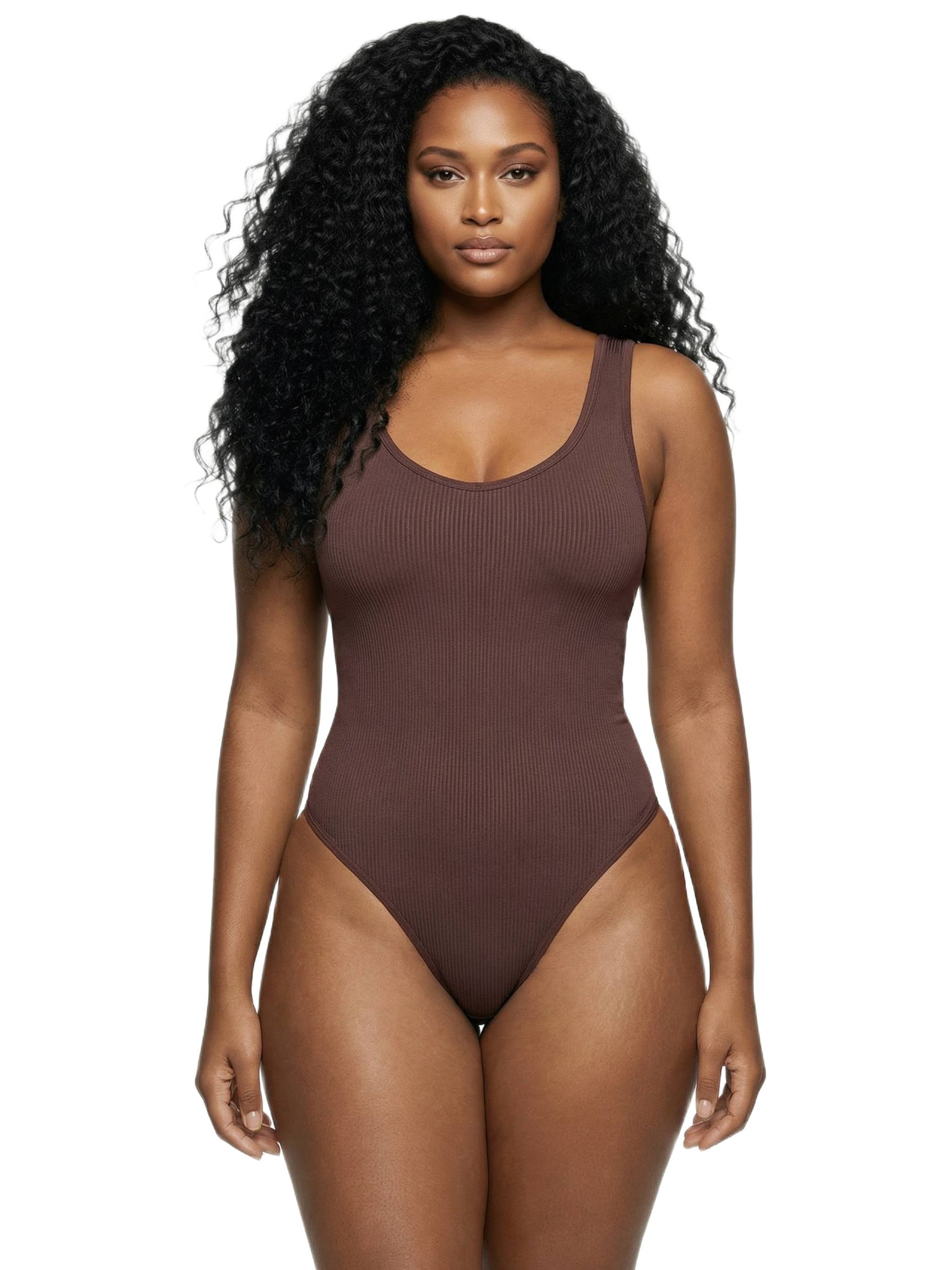 Shapies Ribbed Daily Bodysuit in brown, front view