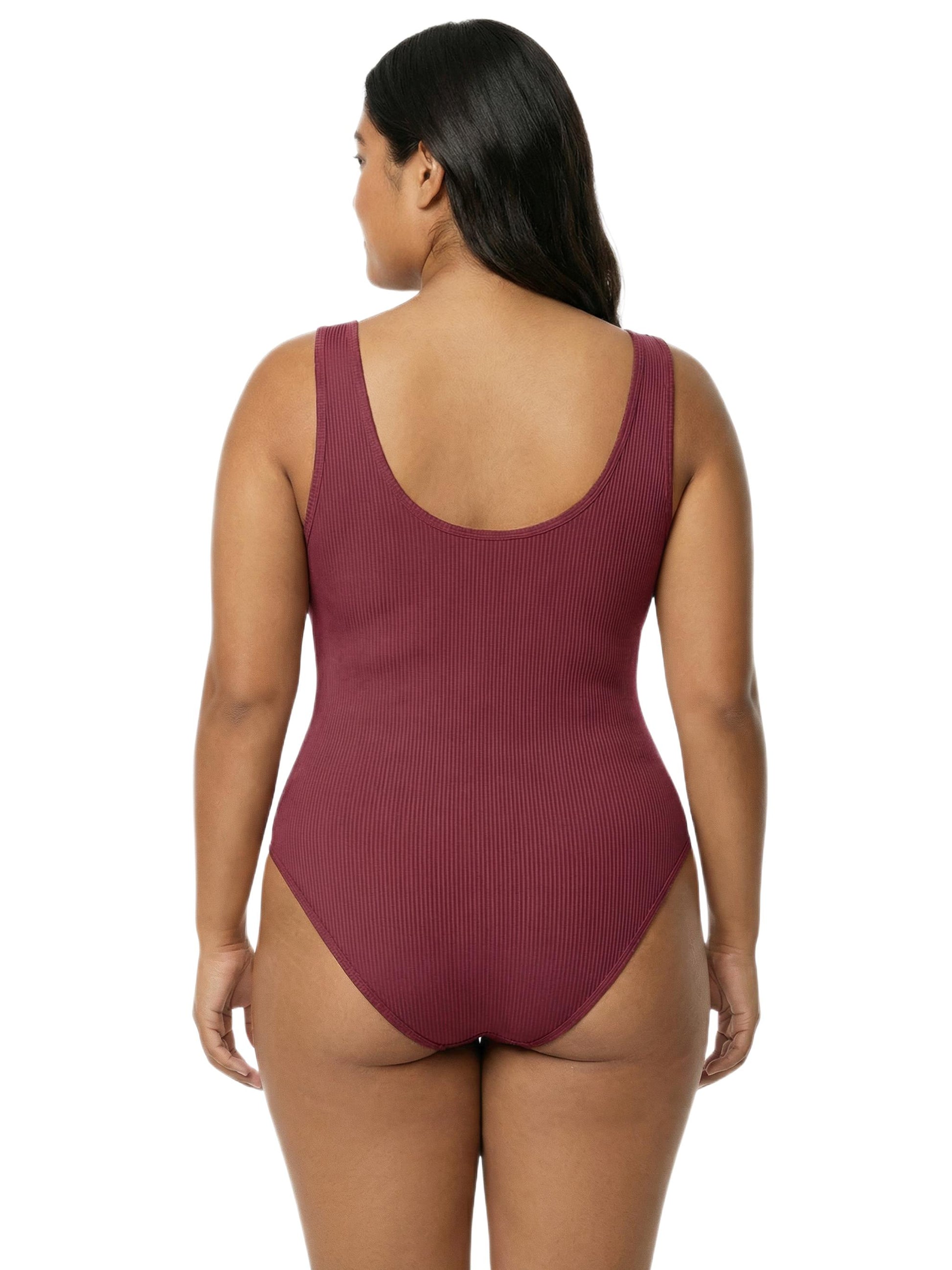 Shapies Ribbed Daily Bodysuit in burgundy, back view