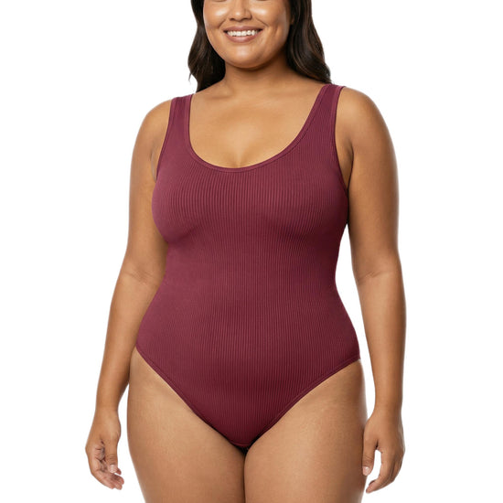 Shapies Ribbed Daily Bodysuit in burgundy, front view