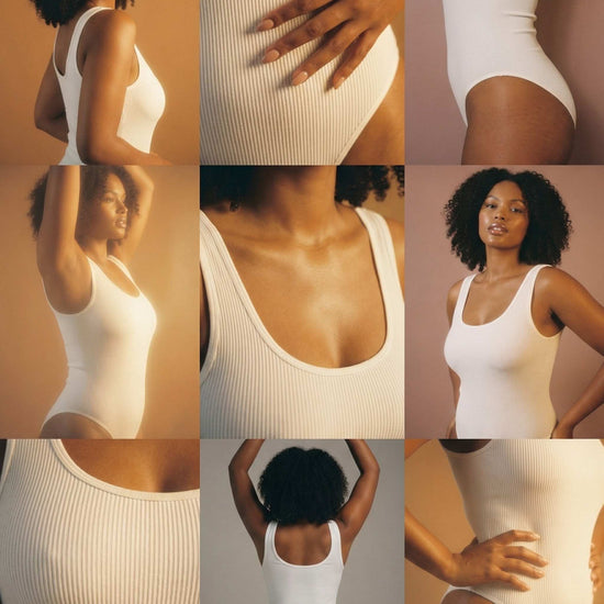 Shapies Ribbed Daily Bodysuit in white, multi-angle collage