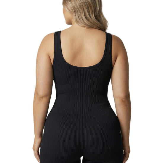 Shapies Ribbed Mid-Thigh Bodysuit in black, back view
