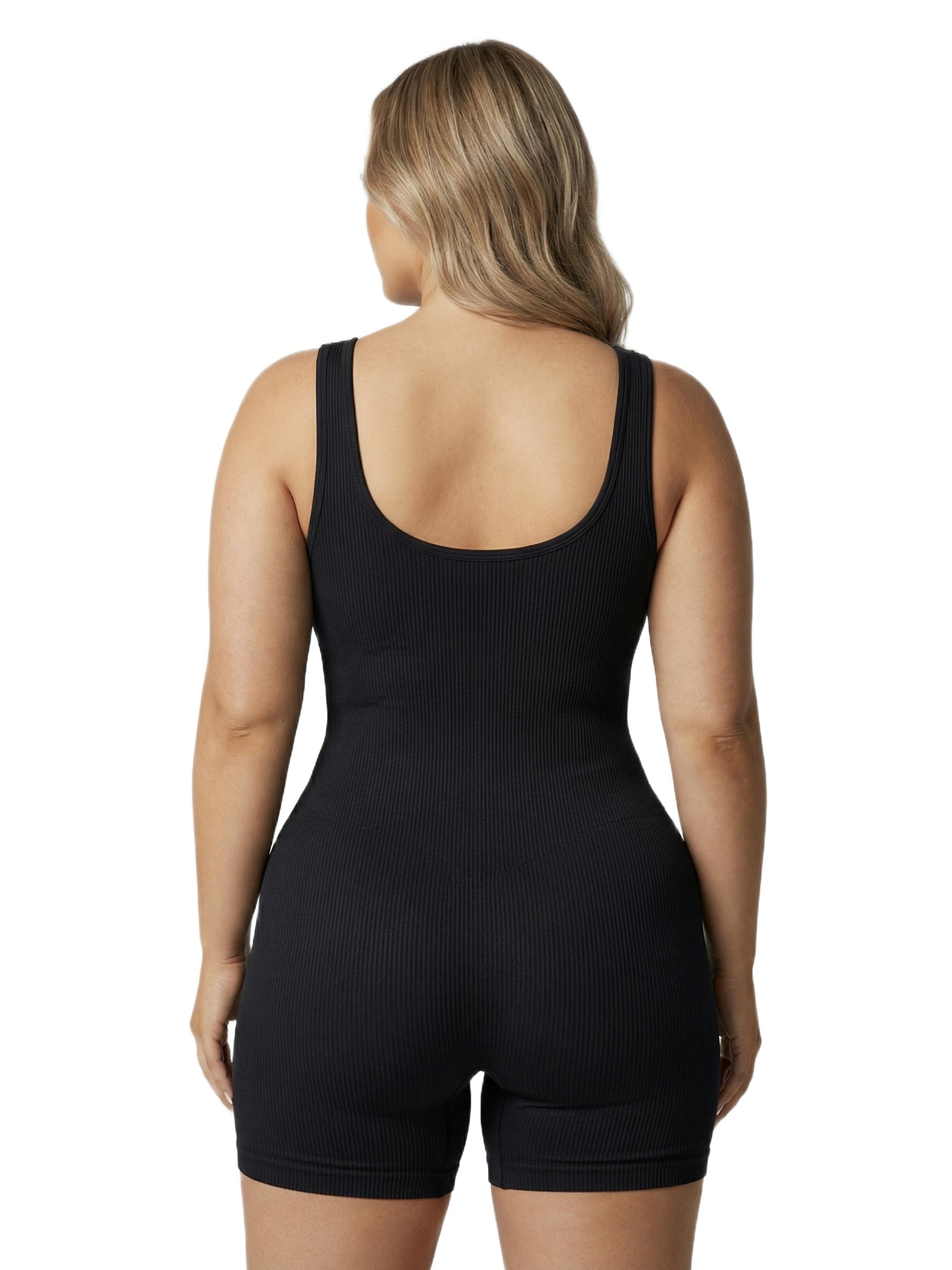 Shapies Ribbed Mid-Thigh Bodysuit in black, back view