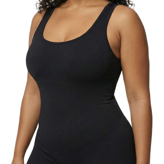Shapies Ribbed Mid-Thigh Bodysuit in black, close-up detail
