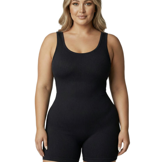 Shapies Ribbed Mid-Thigh Bodysuit in black, front view