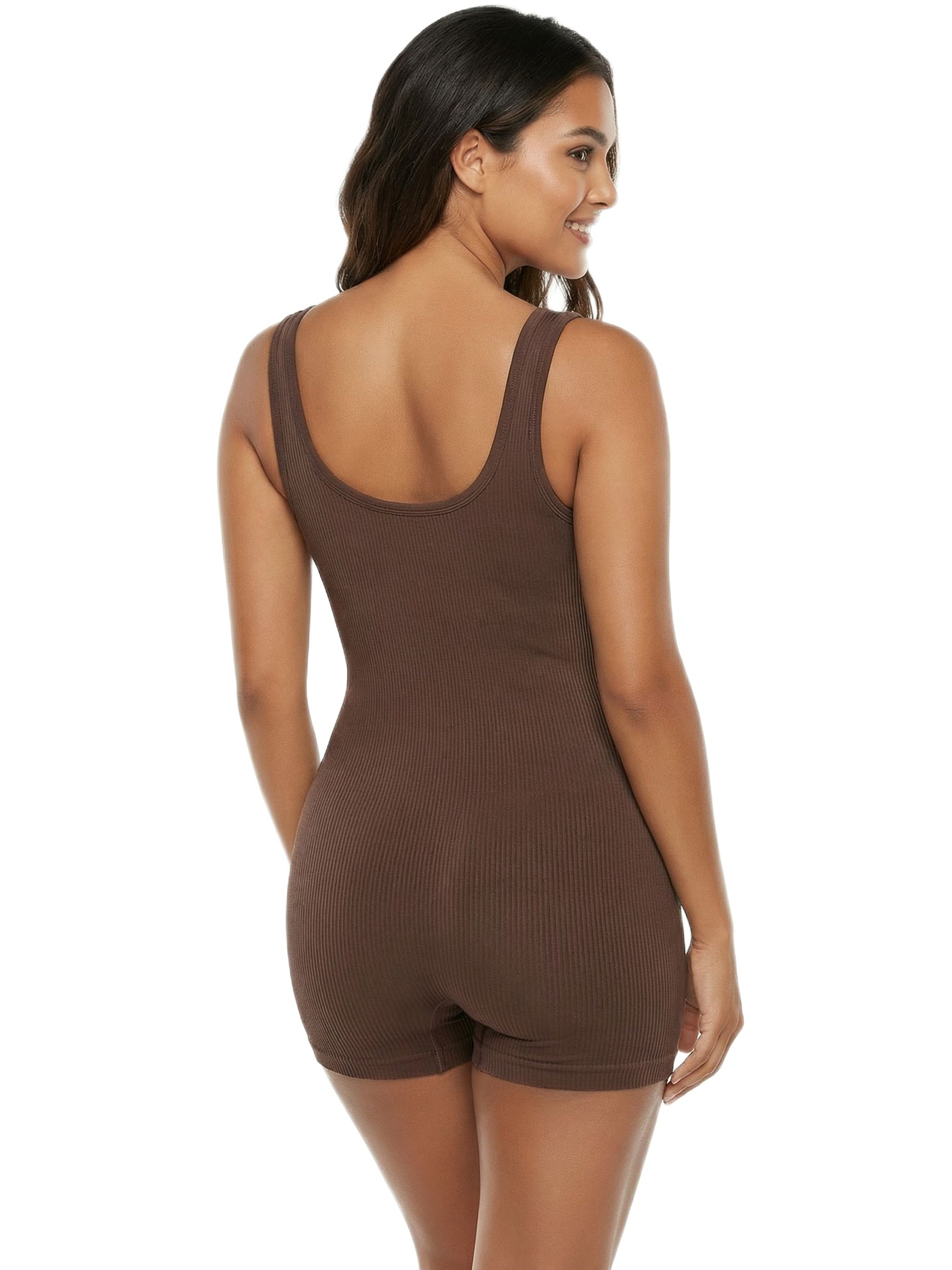 Shapies Ribbed Mid-Thigh Bodysuit in brown, back view