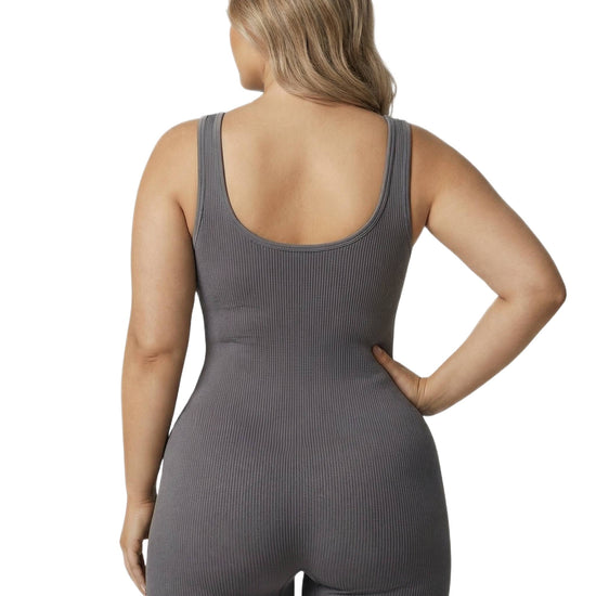 Shapies Ribbed Mid-Thigh Bodysuit in grey, back view