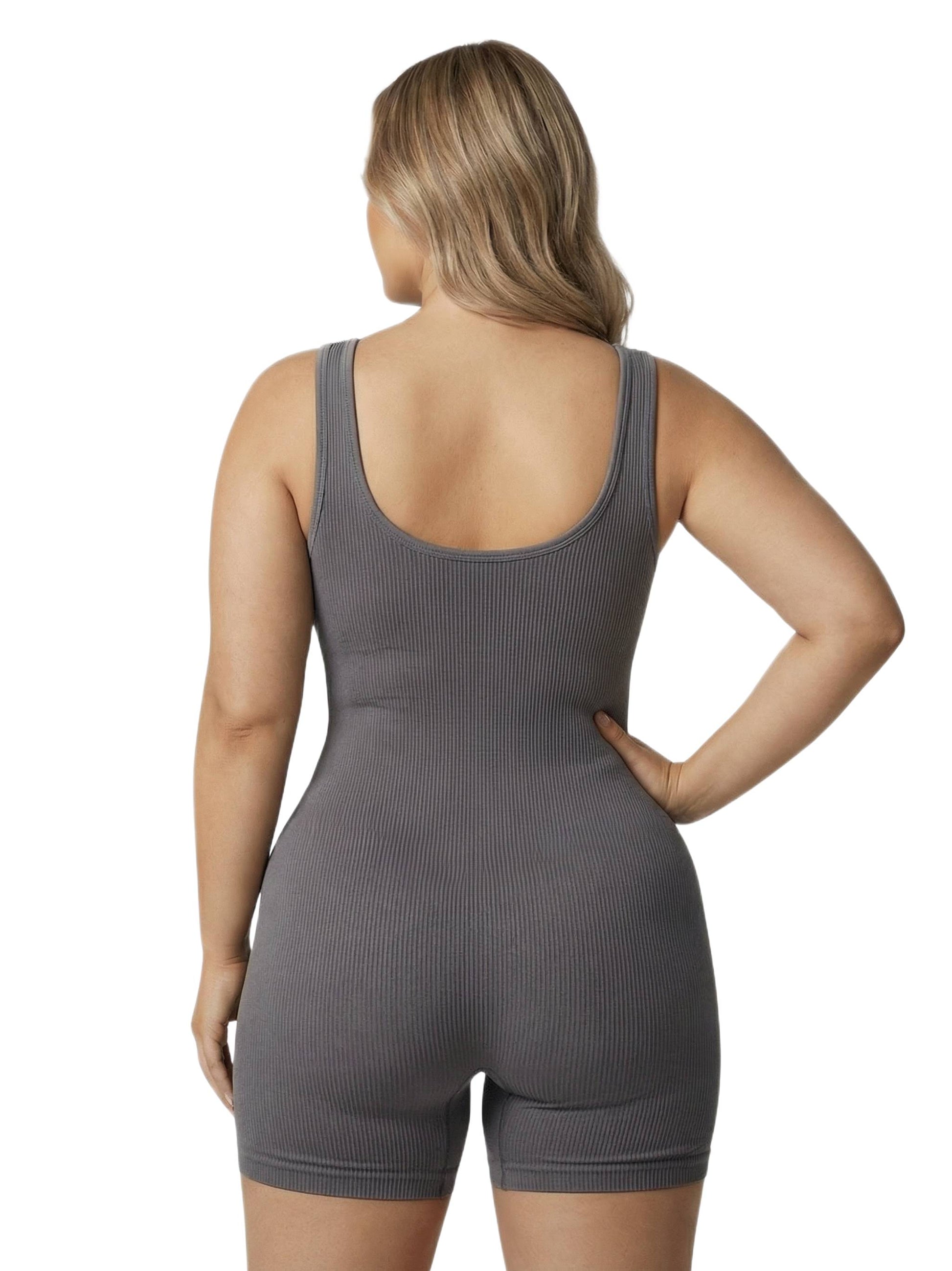 Shapies Ribbed Mid-Thigh Bodysuit in grey, back view