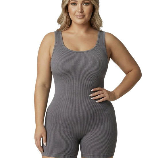 Shapies Ribbed Mid-Thigh Bodysuit in grey, front view