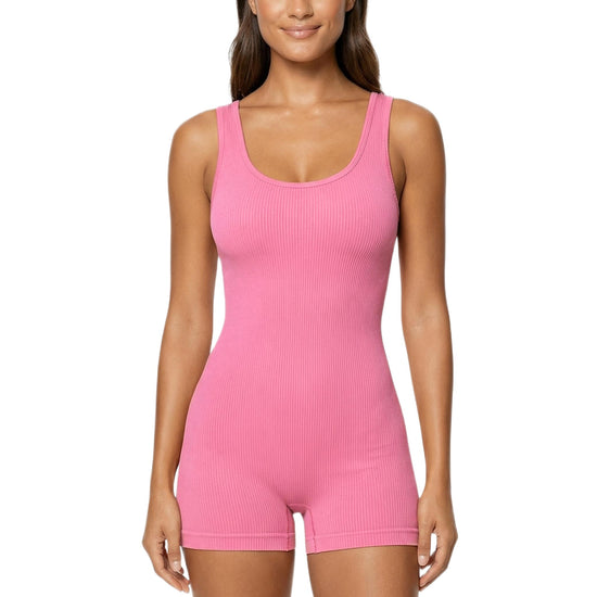 Shapies Ribbed Mid-Thigh Bodysuit in pink, front view