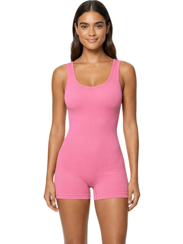 Shapies Ribbed Mid-Thigh Bodysuit in pink, front view