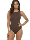 Shapies Scoop Neck Bodysuit in brown, front view