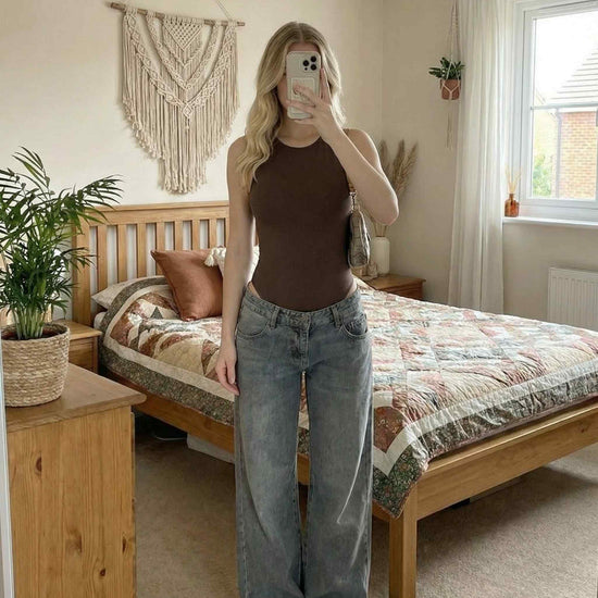 Shapies Scoop Neck Bodysuit in brown, lifestyle photo