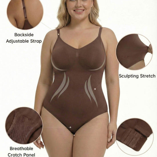 Shapies Snatched Bodysuit in brown, multi-angle collage