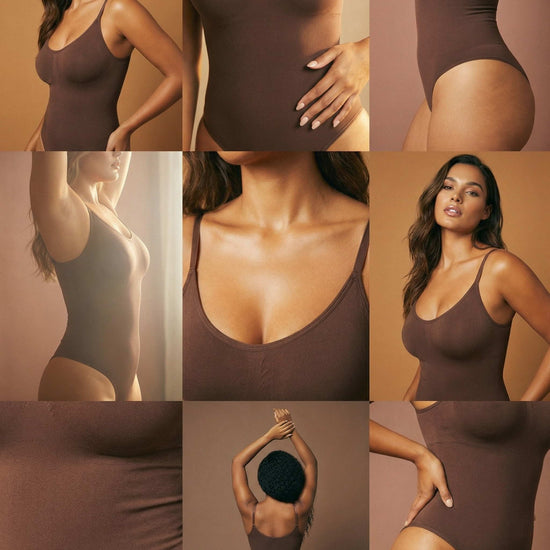 Shapies Snatched Bodysuit in brown, editorial styling photo