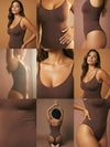 Shapies Snatched Bodysuit in brown, editorial styling photo
