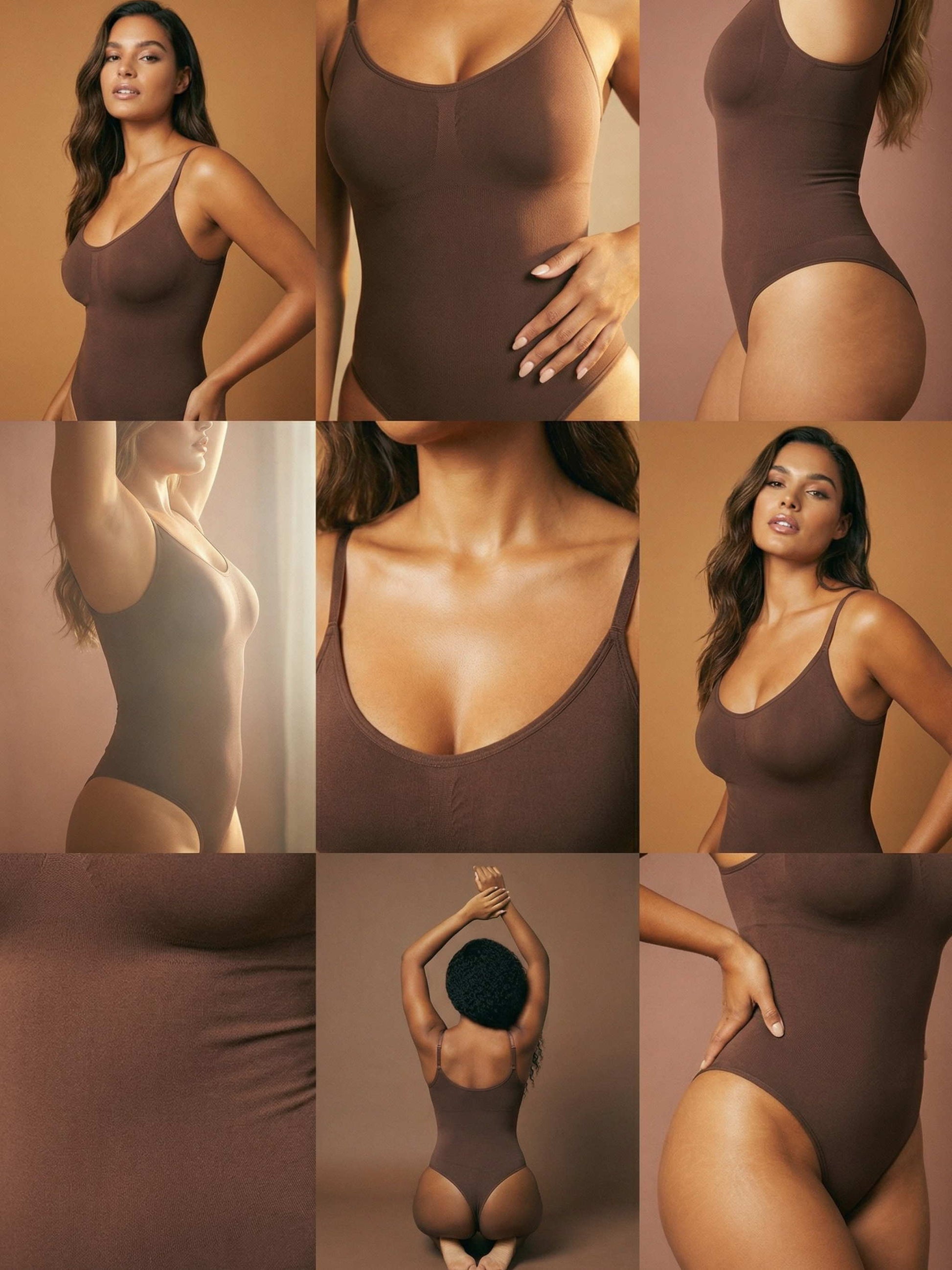 Shapies Snatched Bodysuit in brown, editorial styling photo