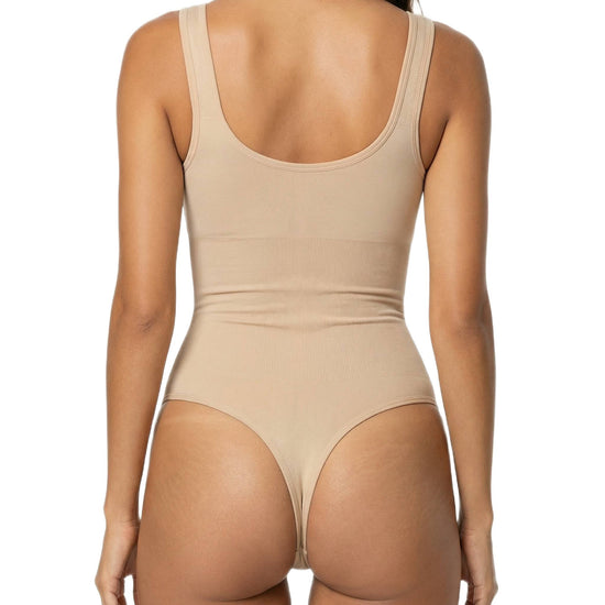 Shapies Wide Strap Bodysuit in beige, back view