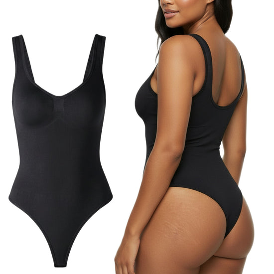 Shapies Wide Strap Bodysuit in black, front and back view